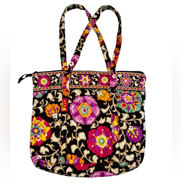 Vera Bradley Suzani Print Quilted Tote Bag Black Floral Cotton Shoulder Bag - Picture 2 of 5